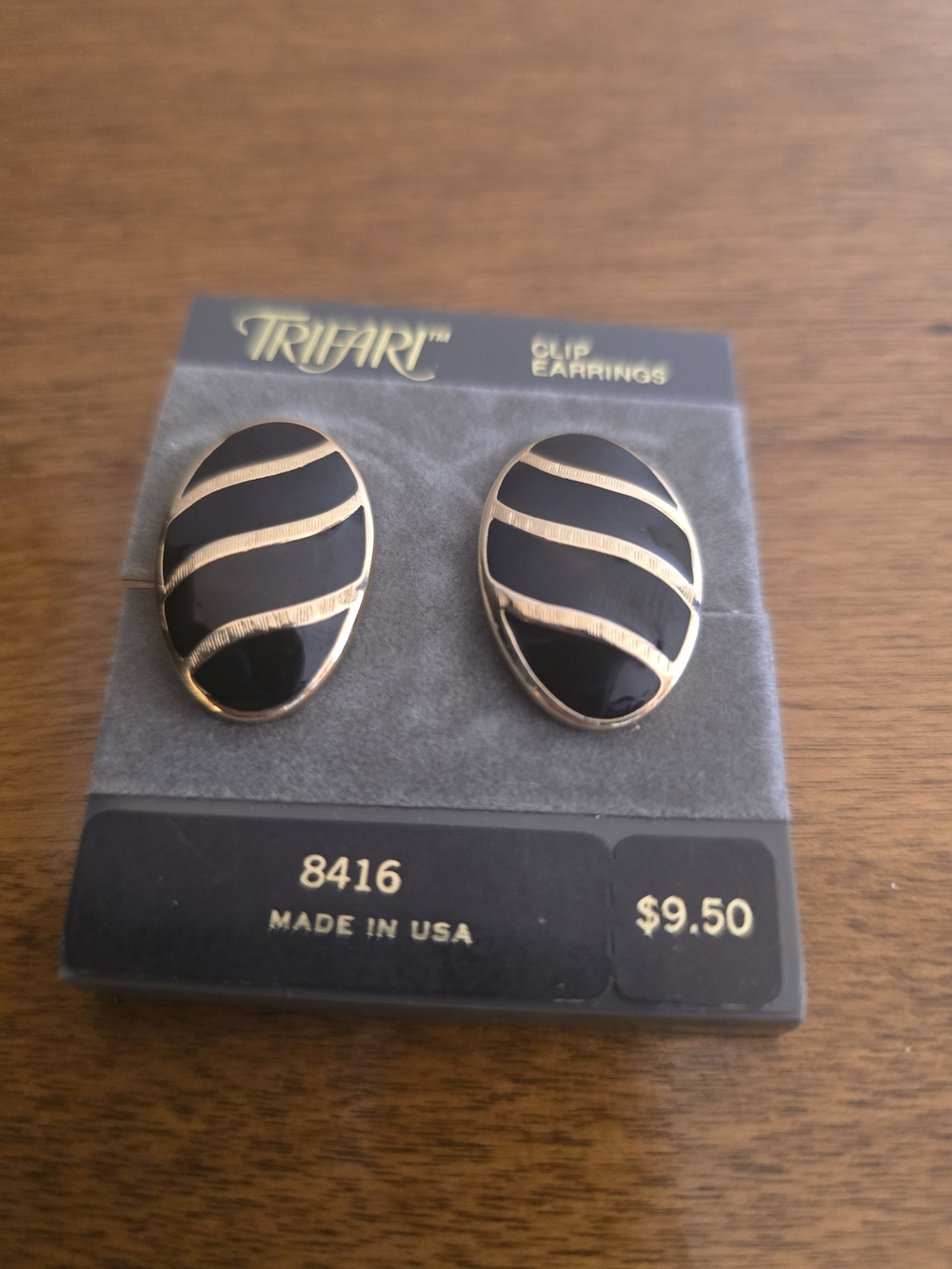 Trifari Black and Gold Oval Clip Earrings
